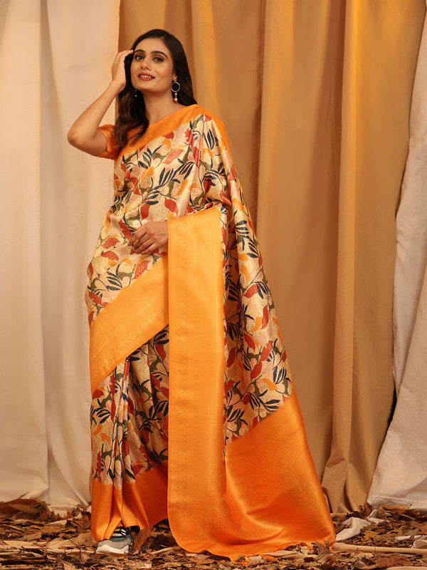 Orange Silk Blend Woven Zari Design Floral Saree with Unstitched Blouse - Hiral Fashion