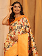 Orange Silk Blend Woven Zari Design Floral Saree with Unstitched Blouse - Hiral Fashion