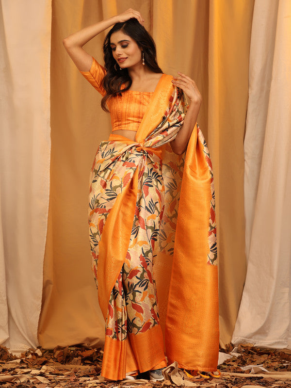 Orange Silk Blend Woven Zari Design Floral Saree with Unstitched Blouse - Hiral Fashion