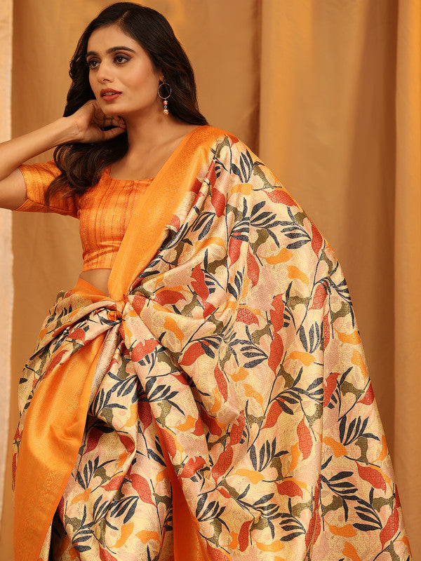 Orange Silk Blend Woven Zari Design Floral Saree with Unstitched Blouse - Hiral Fashion