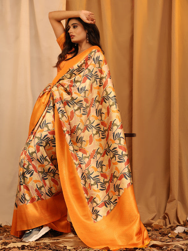 Orange Silk Blend Woven Zari Design Floral Saree with Unstitched Blouse - Hiral Fashion