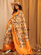 Orange Silk Blend Woven Zari Design Floral Saree with Unstitched Blouse - Hiral Fashion