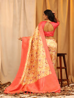 Red Silk Blend Woven Zari Design Floral Saree with Unstitched Blouse - Hiral Fashion