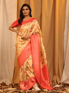 Red Silk Blend Woven Zari Design Floral Saree with Unstitched Blouse - Hiral Fashion