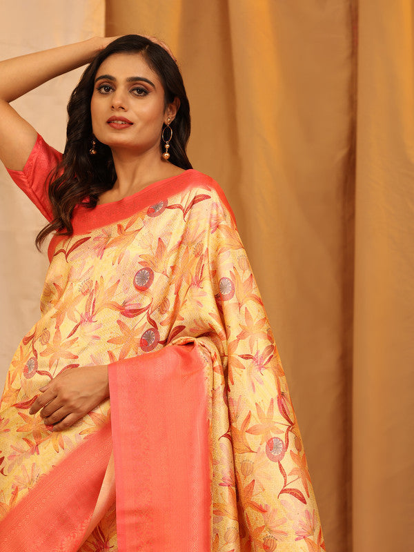 Red Silk Blend Woven Zari Design Floral Saree with Unstitched Blouse - Hiral Fashion