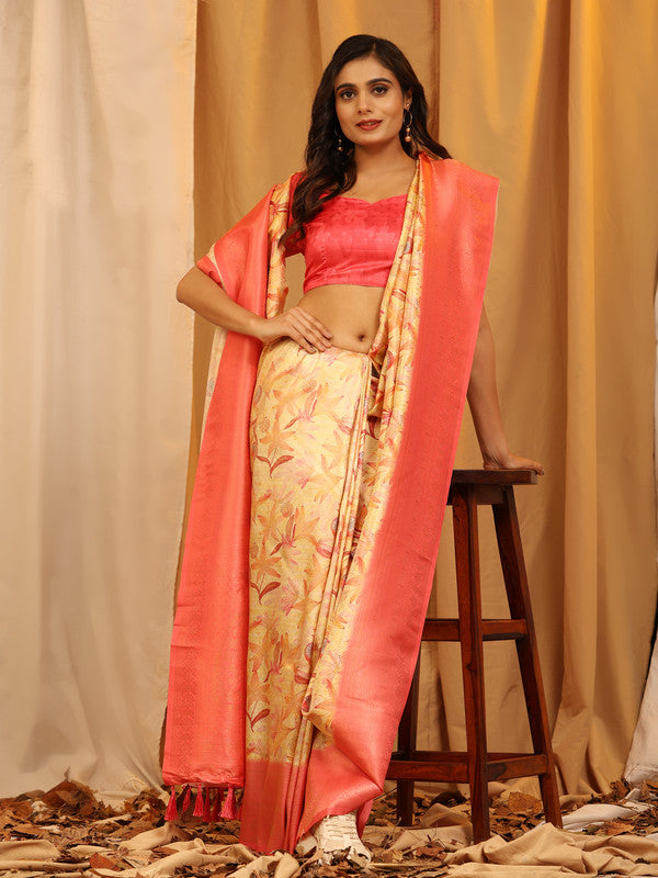 Red Silk Blend Woven Zari Design Floral Saree with Unstitched Blouse - Hiral Fashion