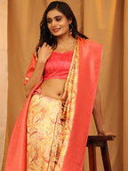 Red Silk Blend Woven Zari Design Floral Saree with Unstitched Blouse - Hiral Fashion
