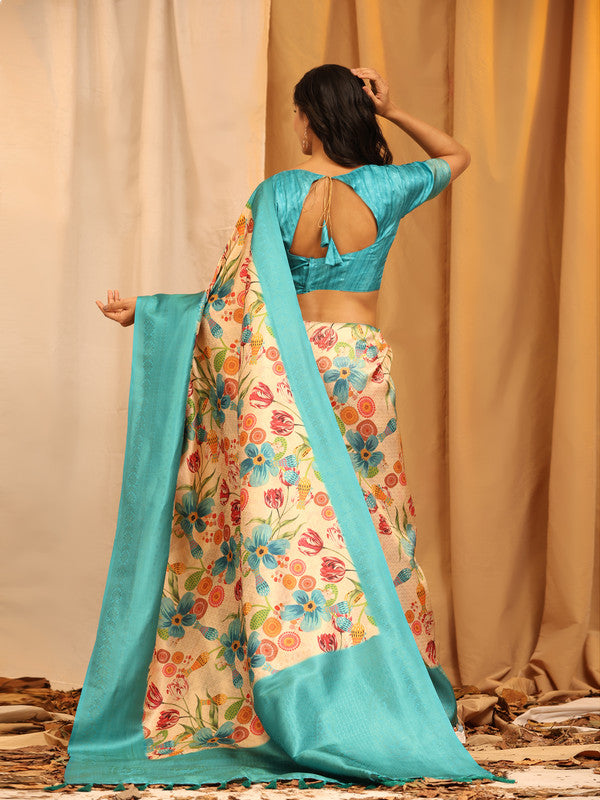 Turquoise Silk Blend Woven Zari Design Floral Saree with Unstitched Blouse - Hiral Fashion