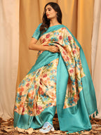 Turquoise Silk Blend Woven Zari Design Floral Saree with Unstitched Blouse - Hiral Fashion