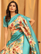 Turquoise Silk Blend Woven Zari Design Floral Saree with Unstitched Blouse - Hiral Fashion