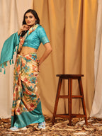 Turquoise Silk Blend Woven Zari Design Floral Saree with Unstitched Blouse - Hiral Fashion