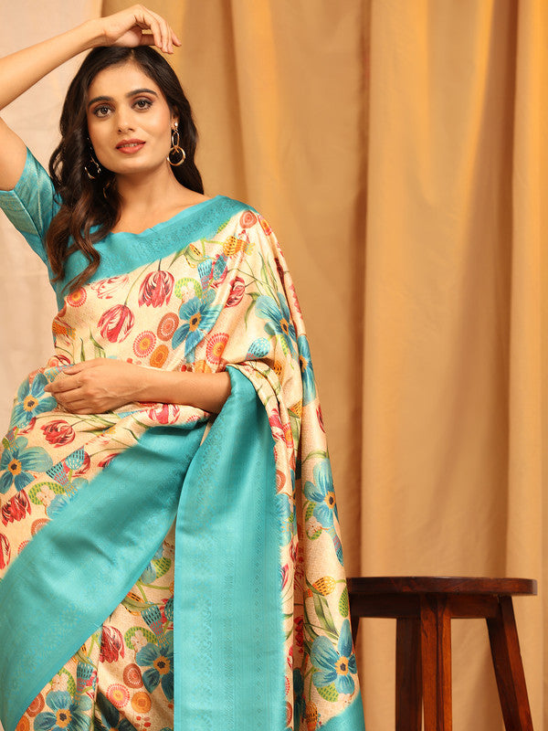 Turquoise Silk Blend Woven Zari Design Floral Saree with Unstitched Blouse - Hiral Fashion
