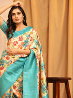 Turquoise Silk Blend Woven Zari Design Floral Saree with Unstitched Blouse - Hiral Fashion