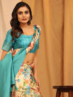Turquoise Silk Blend Woven Zari Design Floral Saree with Unstitched Blouse - Hiral Fashion