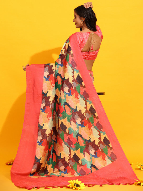 Pink Silk Blend Woven Zari Design Floral Saree with Unstitched Blouse - Hiral Fashion