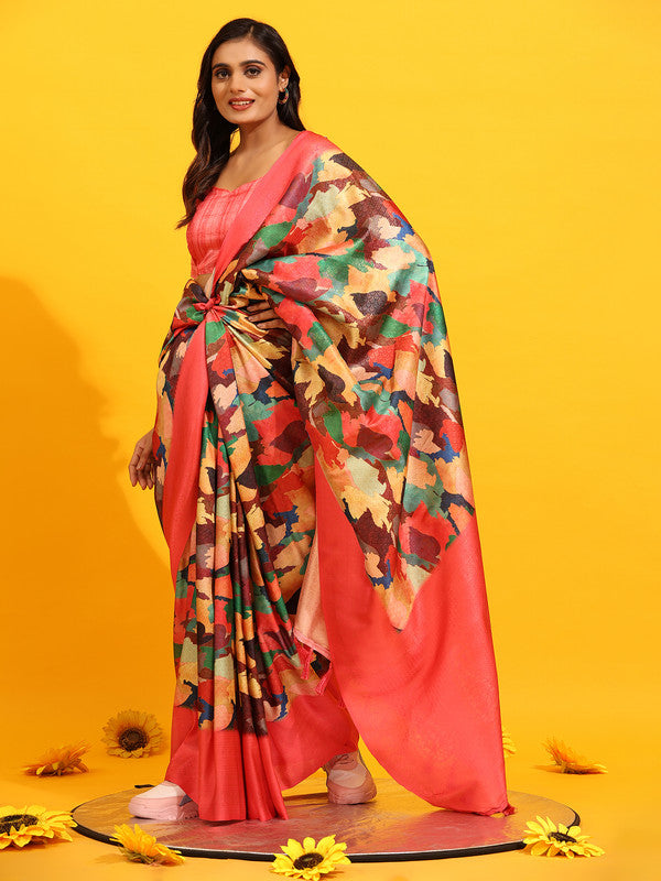 Pink Silk Blend Woven Zari Design Floral Saree with Unstitched Blouse - Hiral Fashion