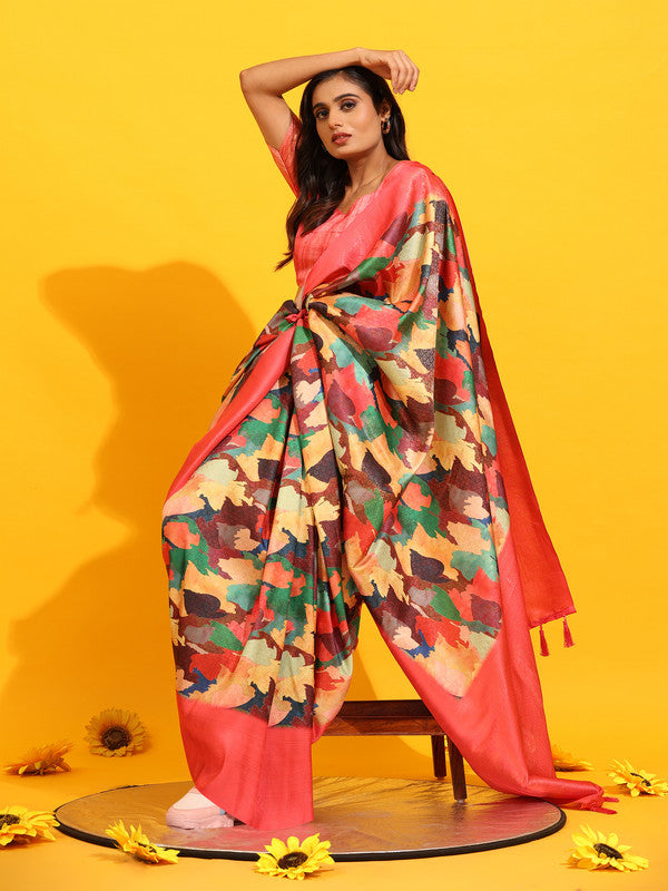 Pink Silk Blend Woven Zari Design Floral Saree with Unstitched Blouse - Hiral Fashion