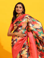 Pink Silk Blend Woven Zari Design Floral Saree with Unstitched Blouse - Hiral Fashion