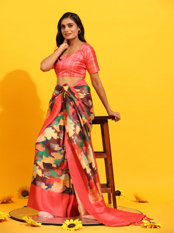 Pink Silk Blend Woven Zari Design Floral Saree with Unstitched Blouse - Hiral Fashion