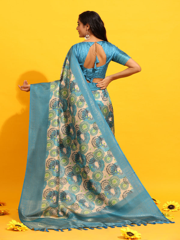 Turquoise Silk Blend Woven Zari Design Floral Saree with Unstitched Blouse - Hiral Fashion