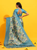 Turquoise Silk Blend Woven Zari Design Floral Saree with Unstitched Blouse - Hiral Fashion