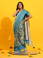 Turquoise Silk Blend Woven Zari Design Floral Saree with Unstitched Blouse - Hiral Fashion