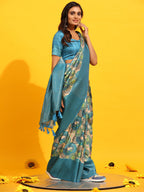 Turquoise Silk Blend Woven Zari Design Floral Saree with Unstitched Blouse - Hiral Fashion