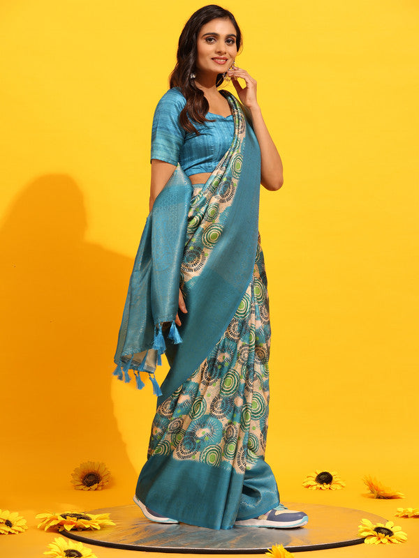 Turquoise Silk Blend Woven Zari Design Floral Saree with Unstitched Blouse - Hiral Fashion