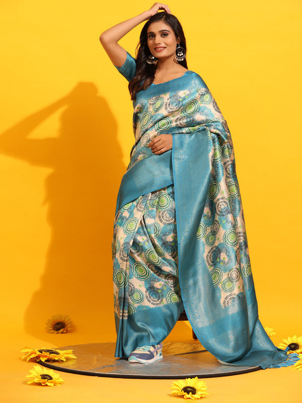 Turquoise Silk Blend Woven Zari Design Floral Saree with Unstitched Blouse - Hiral Fashion