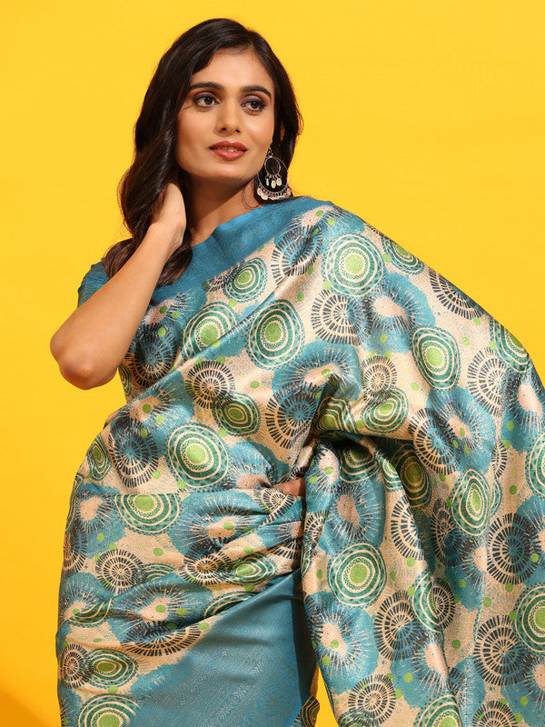 Turquoise Silk Blend Woven Zari Design Floral Saree with Unstitched Blouse - Hiral Fashion