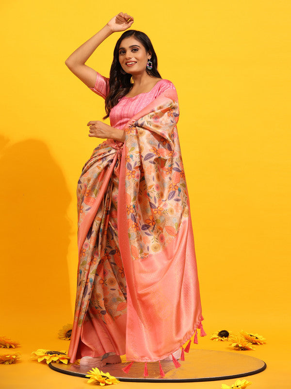 Pink Silk Blend Woven Zari Design Floral Saree with Unstitched Blouse - Hiral Fashion