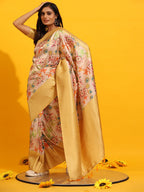Yellow Silk Blend Woven Zari Design Floral Saree with Unstitched Blouse - Hiral Fashion