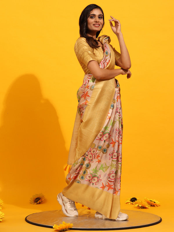 Yellow Silk Blend Woven Zari Design Floral Saree with Unstitched Blouse - Hiral Fashion