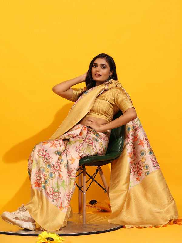 Yellow Silk Blend Woven Zari Design Floral Saree with Unstitched Blouse - Hiral Fashion