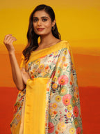 Yellow Silk Blend Woven Zari Design Floral Saree with Unstitched Blouse - Hiral Fashion
