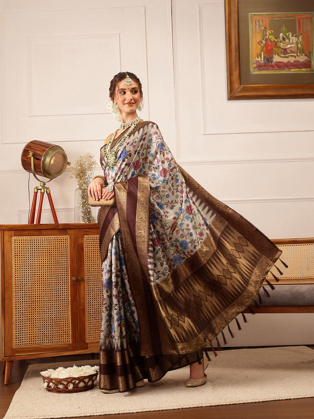 Hiral Fashion Beige Kanjivaram Soft Silk Floral Digital Print Saree