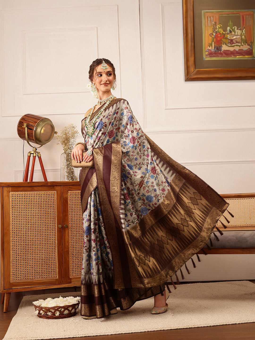 Hiral Fashion Beige Kanjivaram Soft Silk Floral Digital Print Saree