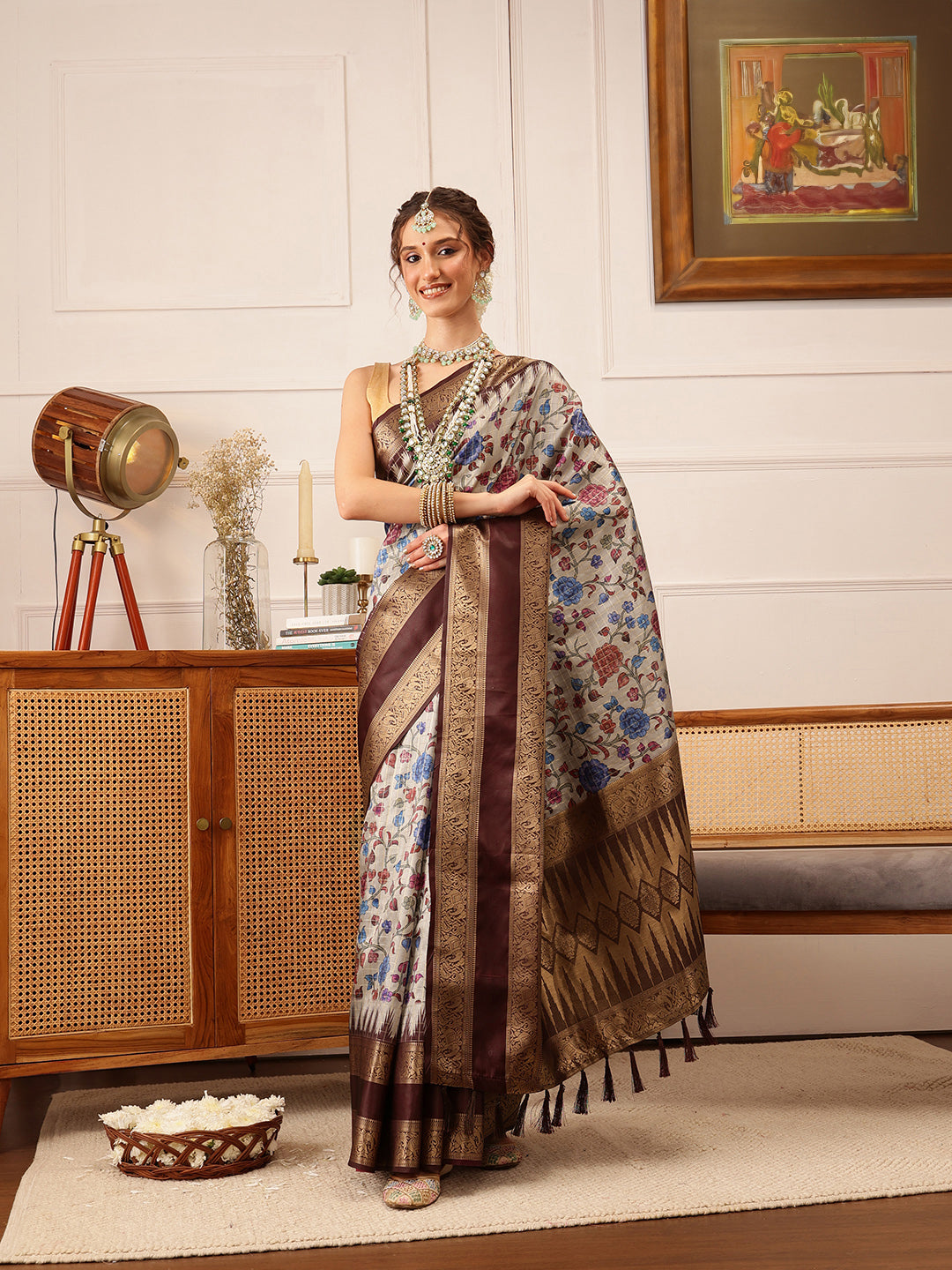 Hiral Fashion Beige Kanjivaram Soft Silk Floral Digital Print Saree