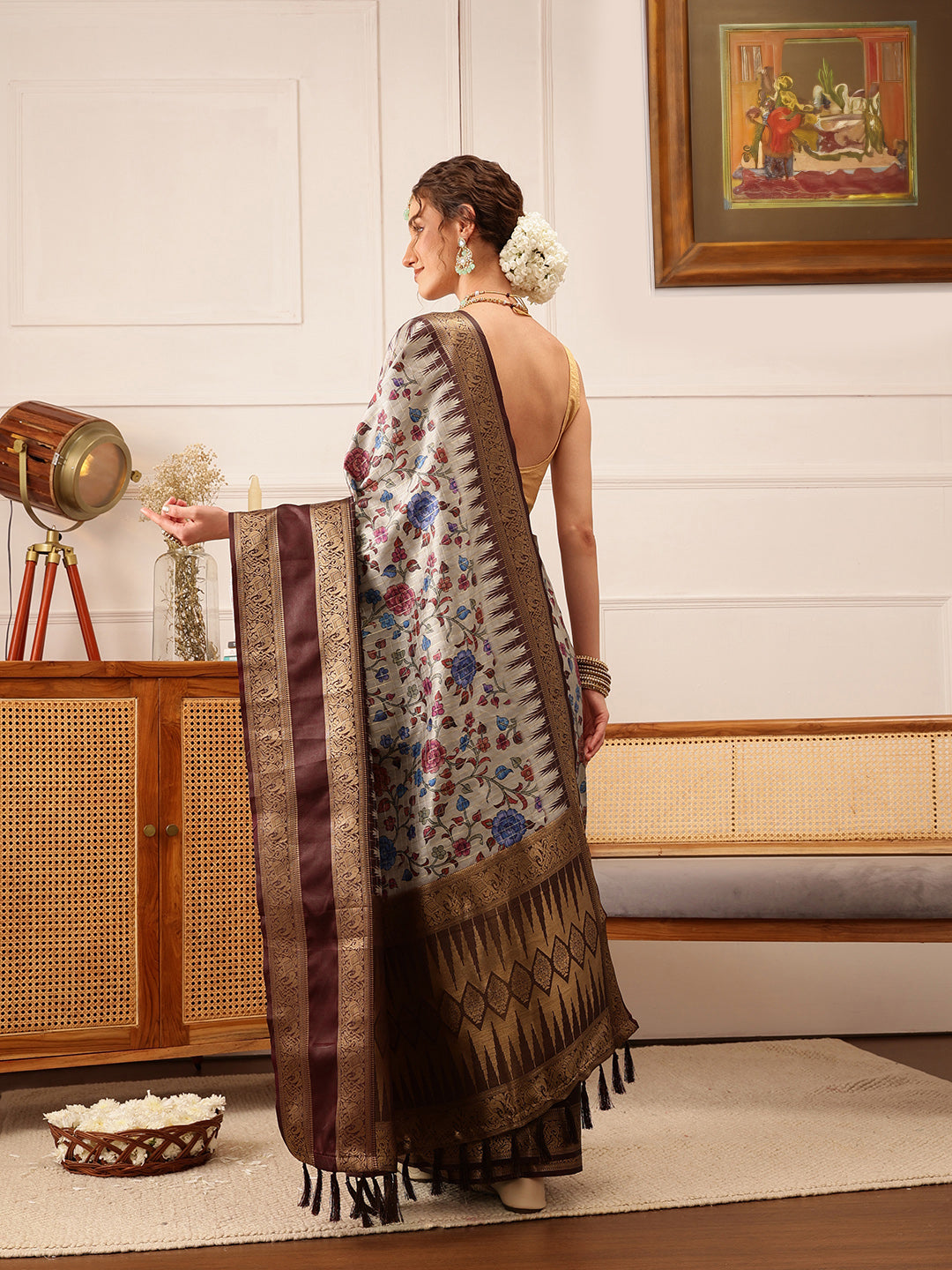 Hiral Fashion Beige Kanjivaram Soft Silk Floral Digital Print Saree