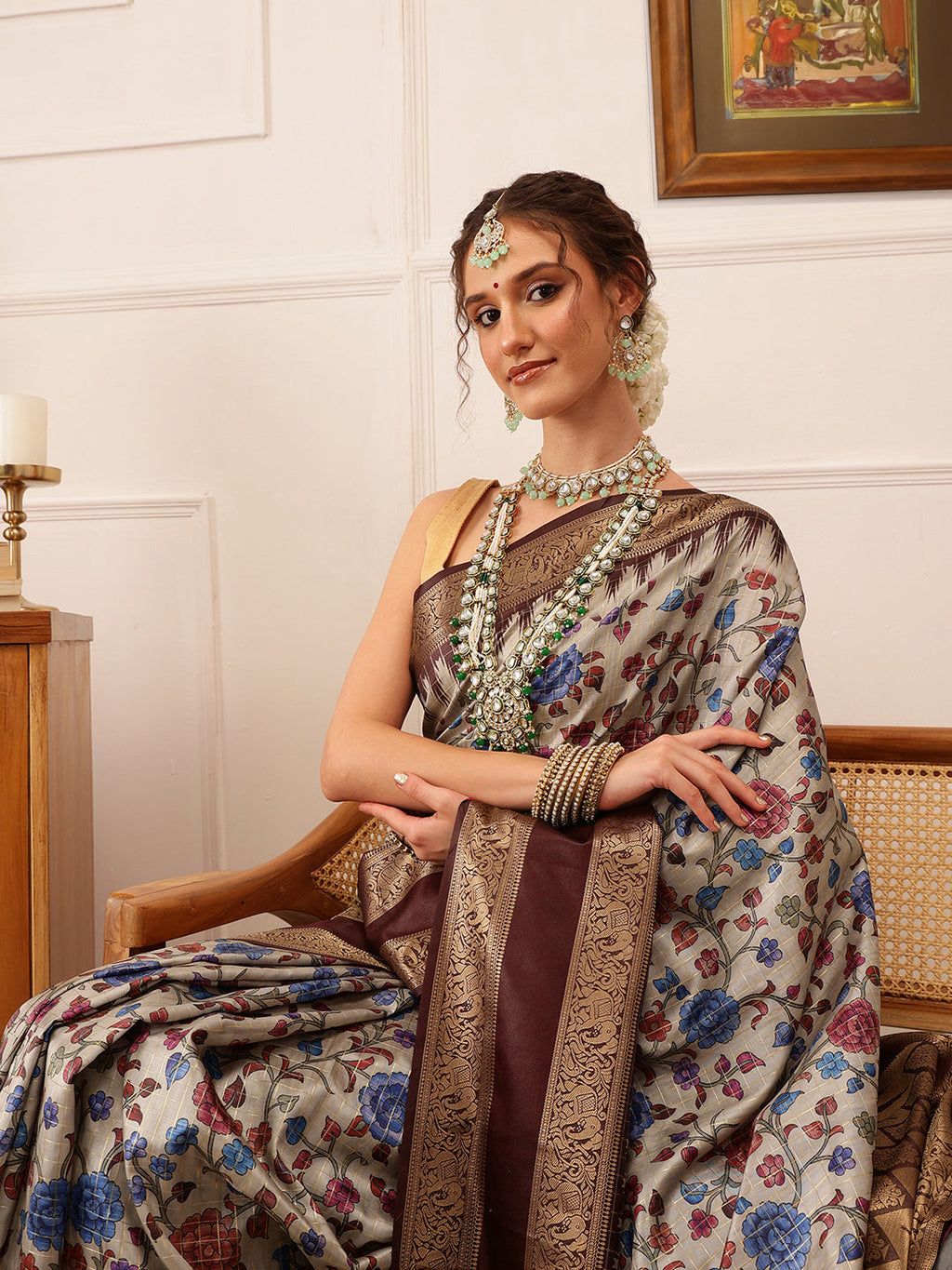 Hiral Fashion Beige Kanjivaram Soft Silk Floral Digital Print Saree