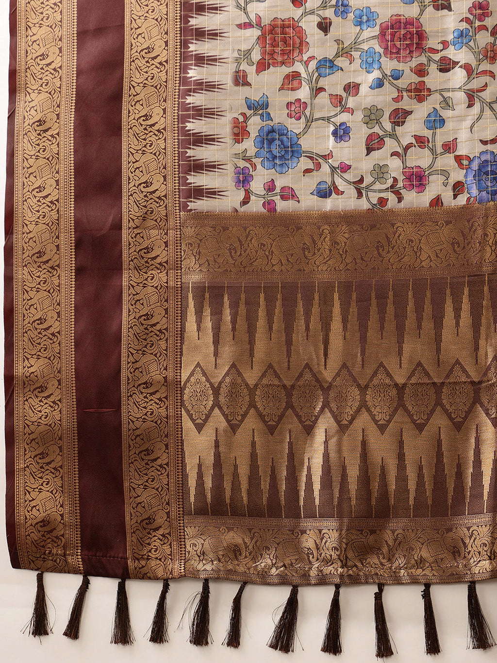 Hiral Fashion Beige Kanjivaram Soft Silk Floral Digital Print Saree