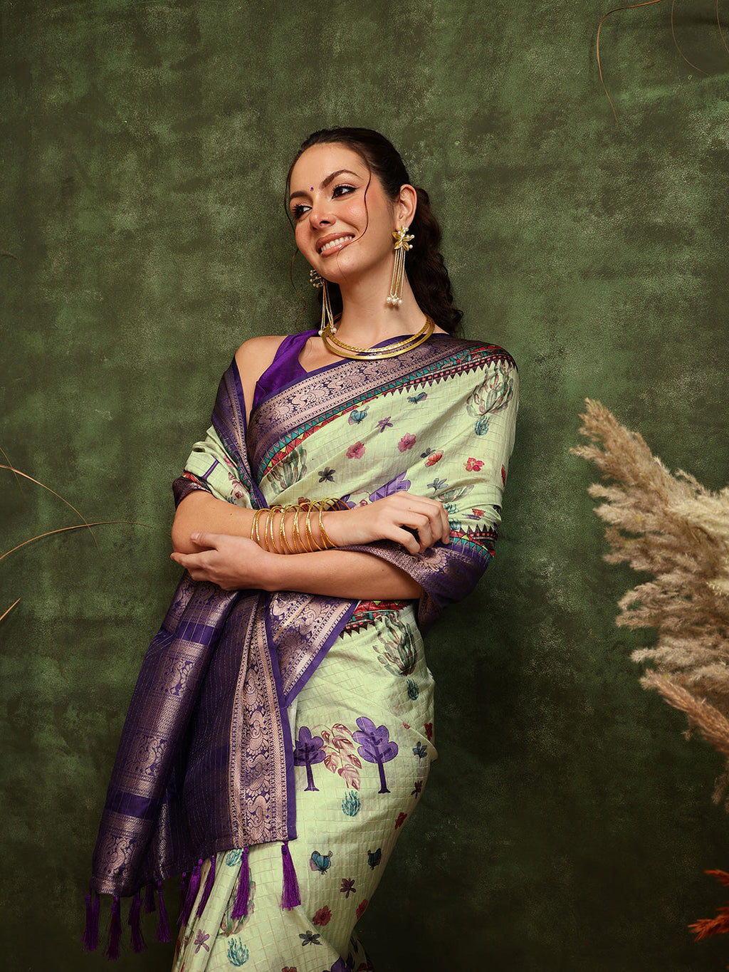 Hiral Fashion Olive Kanjeevaram Banarasi Silk Floral Digital Printed Saree