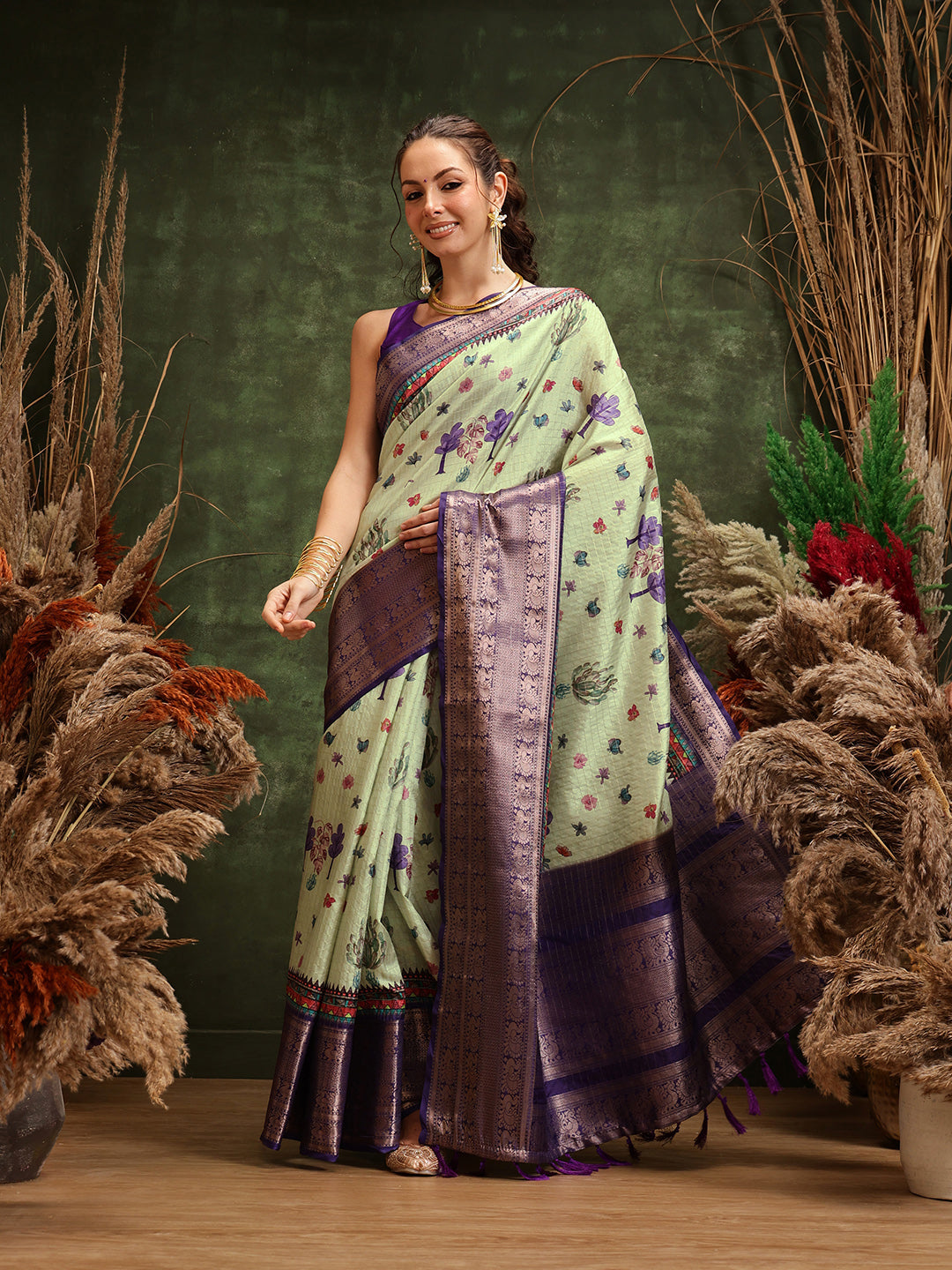 Hiral Fashion Olive Kanjeevaram Banarasi Silk Floral Digital Printed Saree
