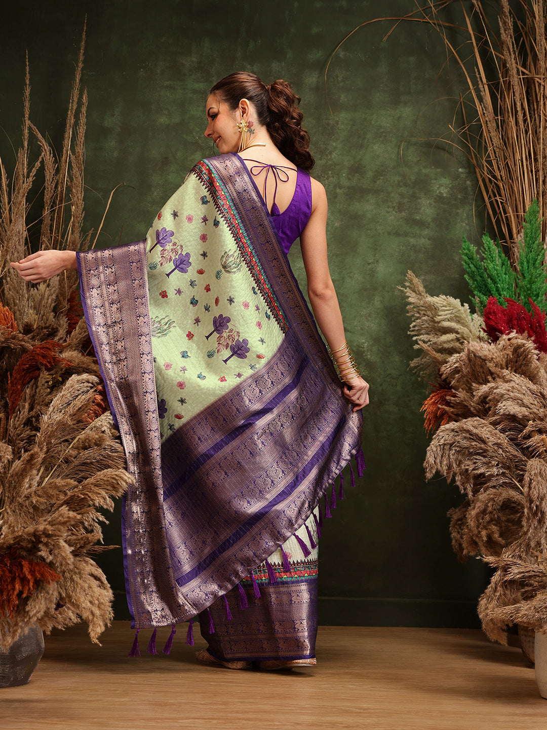 Hiral Fashion Olive Kanjeevaram Banarasi Silk Floral Digital Printed Saree
