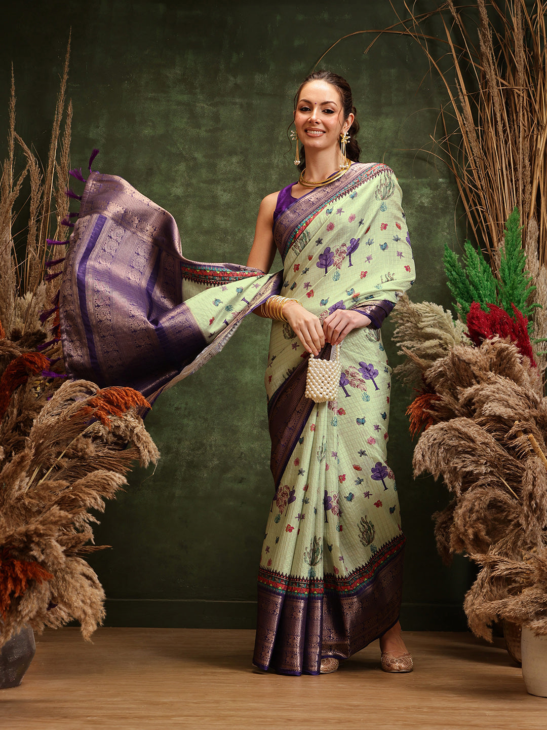 Hiral Fashion Olive Kanjeevaram Banarasi Silk Floral Digital Printed Saree
