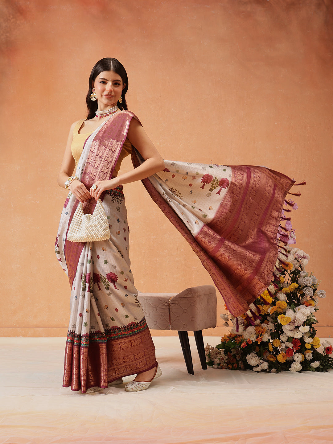 Hiral Fashion Grey Kanjeevaram Banarasi Silk Floral Digital Printed Saree