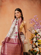 Hiral Fashion Grey Kanjeevaram Banarasi Silk Floral Digital Printed Saree
