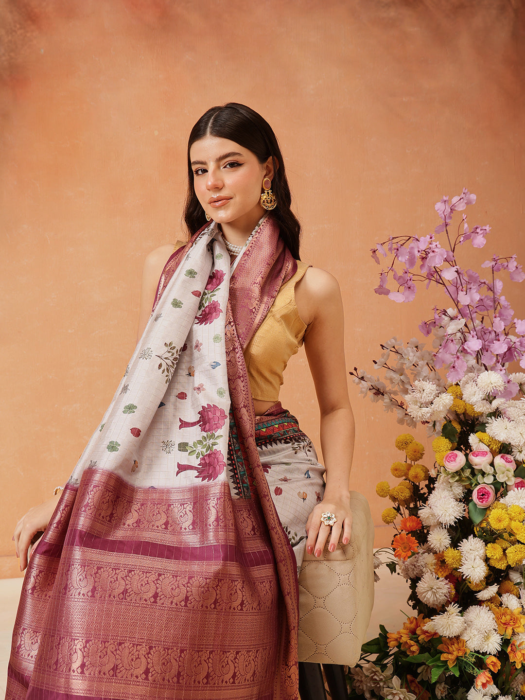 Hiral Fashion Grey Kanjeevaram Banarasi Silk Floral Digital Printed Saree