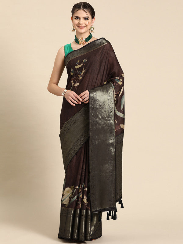 Brown Kanchipuram Silk Digital Print Floral Saree with Unstitched Blouse - Hiral Fashion