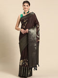 Brown Kanchipuram Silk Digital Print Floral Saree with Unstitched Blouse - Hiral Fashion